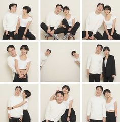 several photos of people posing for pictures with their arms around each other and one man holding the woman's head