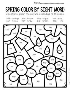 the spring color by sight word worksheet with flowers and raindrops on it