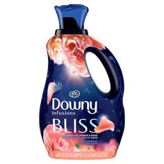 a bottle of downy bliss liquid on a white background