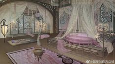 an artistic rendering of a fancy bedroom with pink bedding and chandelier on the ceiling