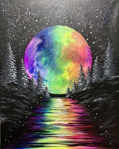 a painting of the moon over water with trees and stars in the sky above it