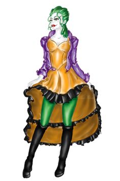 a drawing of a woman in a dress with green hair and purple shoes sitting on top of a chair