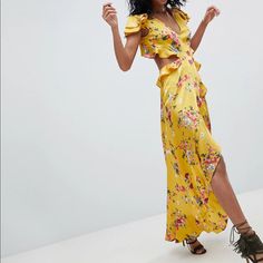 Beautiful, Ruffle Detail Maxi Dress With Cut Out Back In Yellow Floral Print. Sold Out Online. Never Worn. Yellow Sundress Maxi Dress For Spring, Yellow Sundress Maxi For Spring, Yellow Floral Print V-neck Maxi Dress, Yellow Floral Print Maxi Dress, Yellow Short Sleeve Maxi Dress With Ruffles, Yellow Maxi Dress For Spring, Yellow Maxi Dress With Ruffles And Short Sleeves, Yellow Floral Print Midi Beach Dress, Yellow Floral Print Midi Dress For Beach