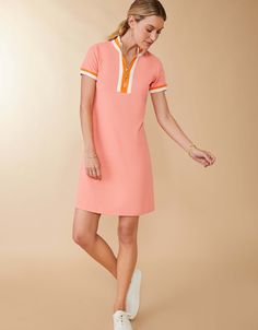 Short Sleeve Serena Pique Dress Shell Pink from Spartina 449 Spartina 449, Shell Pink, Pink M, Dresses Short, Cotton Knit, Above The Knee, Half Zip, Warm Weather, Jumpsuit Dress