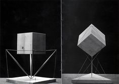 two different views of the same object in black and white, one with a cube on it