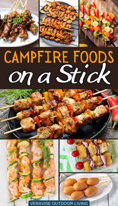 Campfire Foods On A Stick Foods To Roast On Campfire, Campfire Food On A Stick, Meals On A Stick, Chicken And Potato Kabobs, Campfire Skewers, Foods On A Stick, Marinated Beef Kabobs, Camp Foods, Fire Pit Food