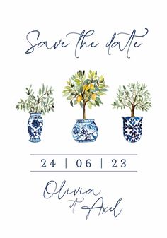 save the date card with three blue vases filled with trees and greenery in them