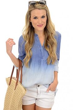 Ombre Denim Top :: NEW ARRIVALS :: The Blue Door Boutique Trendy Gradient Color Tops For Spring, Trendy Faded Bleached Top, Faded Long Sleeve Tops For Spring, Faded Summer Tops For Everyday, Blue Tencel Denim Top For Summer, Trendy Bleached Faded Top, Chambray Top For Everyday Summer Wear, Everyday Chambray Denim Top For Summer, Faded Bleached Top For Spring