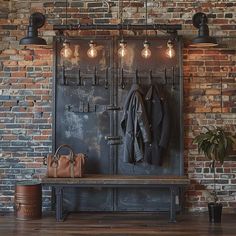 a coat rack with lights hanging from it next to a bench and potted plant