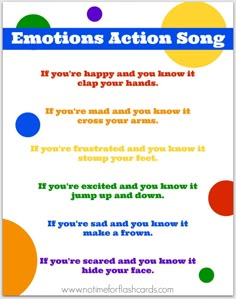 a poster with the words emotions action song written in different colors and font on it