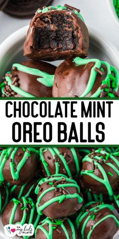 chocolate mint oreo balls in a white bowl with green sprinkles on top