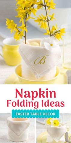 napkin folding ideas easter table decor with yellow flowers in the center and folded napkins on each side