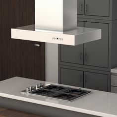 a stove top oven sitting in the middle of a kitchen with cabinets and drawers behind it