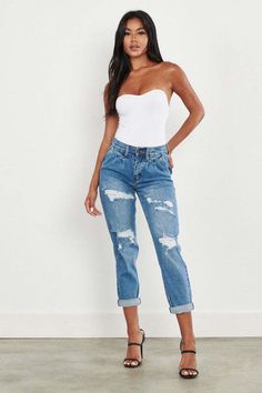 Elevate your denim game with these High Waisted Boyfriend Jeans. Featuring front distress and a pin-tucked waistline, these jeans offer a trendy and relaxed look. The whiskered wash adds to their stylish appeal, and the zip fly ensures easy wear. With a high-waisted fit, these jeans are not only fashionable but also flattering. Whether you dress them up or down, they'll become a versatile staple in your wardrobe. (3) Rise: 10.25", Inseam: 28"(unfold) Model is 5'8" and wearing a size 3  Style: Ed High Waisted Boyfriend Jeans, Blue High Heels, Miami Outfits, Rare Fashion, Fashion Outfits Casual, Cute Looks, Cool Finds, Trendy Summer Outfits, Casual Clothing