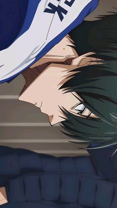 an anime character with black hair and blue eyes wearing a baseball cap looking at the camera