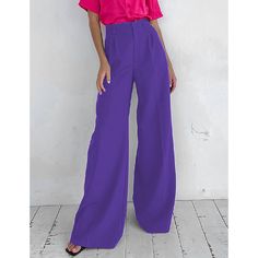 Purple High Waisted Draped Wide Leg Pants Non-stretch Full-length Spring Work Pants, Non-stretch Full Length Work Pants For Spring, Full Length Purple Pants, Purple Wide Leg Bottoms For Fall, Chic Full Length Purple Bottoms, Wide Leg Purple Bottoms For Fall, Solid Color Wide-leg Work Pants For Spring, Spring Solid Wide-leg Work Pants, Purple Solid Color Bottoms For Spring