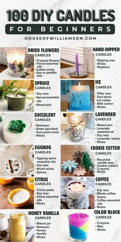 the instructions for making candles in different colors and sizes, with pictures of them on it