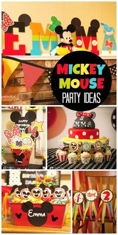 mickey mouse party ideas including cupcakes, cake and decorations