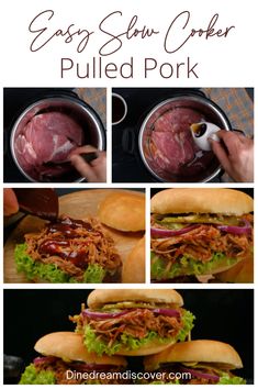 four pictures showing how to cook pulled pork in the slow cooker, and then put it