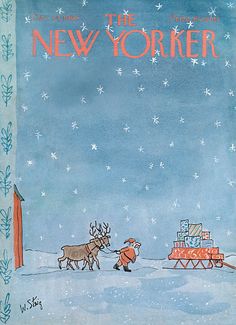 the new yorker magazine cover shows a reindeer pulling a sleigh with gifts on it