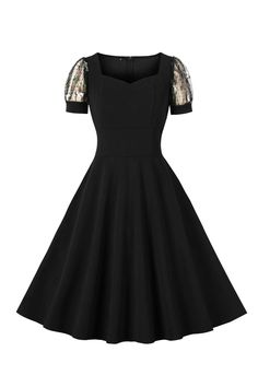 Zapaka Women Black Swing 1950s Dress Embroidery Short Sleeves Vintage Dress – ZAPAKA Black Rockabilly Dress, 1950s Audrey Hepburn, Vintage Wedding Party, Lovely Partner, Audrey Hepburn Style, Steampunk Cosplay, Hepburn Style, Dress Occasion, Rockabilly Dress