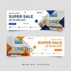 two banners with the same price for furniture and bedding items, one in orange and blue