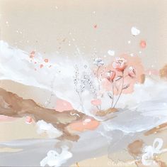 an abstract painting with pink flowers and white clouds