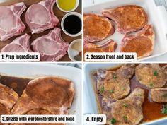 four pictures showing how to cook pork chops