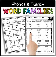 the word families game is shown with two fingers pointing at it and an image of a hand