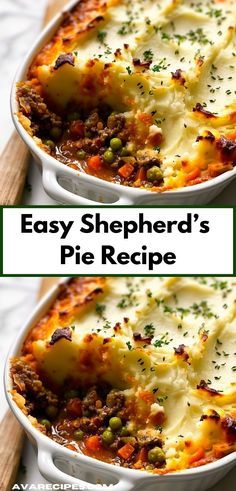 two images of shepherd's pie with peas