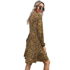 Brown Leopard Print Ruffled Hem Long Sleeve Dress Fall Midi Dress With Ruffle Hem For Brunch, Fall Midi Mini Dress With Ruffle Hem, Fall Midi Dress With Ruffles For Day Out, Knee-length Midi Dress With Ruffle Hem For Fall, Fall Knee-length Midi Dress With Ruffle Hem, Yellow Midi Dress With Ruffles For Fall, Yellow Ruffled Midi Dress For Fall, Fall Yellow Midi Dress With Ruffles, Fall Midi Dress With Ruffles In Mini Length