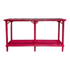 a red table with two shelves on each side