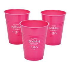 three pink plastic cups with the words happy birthday amanda on them