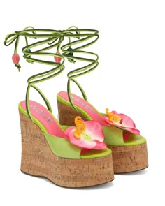 Sunflower Green Kid Suede Flower Platform Heels, Yellow Platform Heels, Pink And Green Clothes, Pink And Green Outfits, Green And Pink Outfit, Red Platform Sandals, Wedged Heel, Beaded Tie, Naked Wolfe