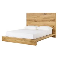 a wooden bed frame with white sheets and pillows on it's headboard, against a white background