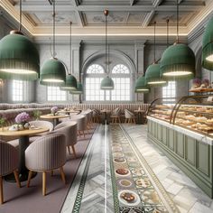 an artistic rendering of a restaurant with many tables and chairs in front of the counter