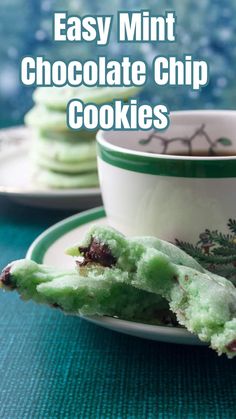 green chocolate chip cookies on a plate with the words easy mint chocolate chip cookies