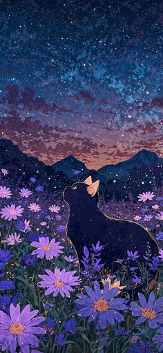 a painting of a cat sitting in a field of flowers with the sky filled with stars