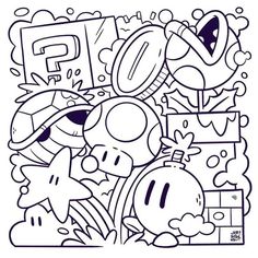 an image of some cartoon characters in the style of coloring book pages, with black and white ink