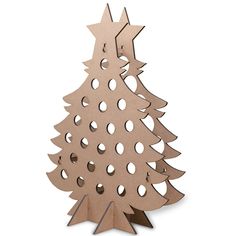 a wooden christmas tree with holes cut out