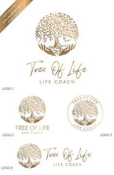 the tree of life logo is shown in gold and white with different designs on it