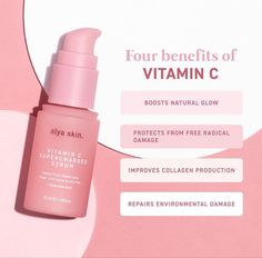 a bottle of vitamin c on top of a pink background with information about the product