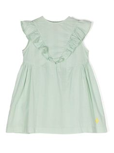 turquoise blue-green cotton vertical stripe print embroidered logo ruffled detailing round neck rear button fastening sleeveless flared skirt straight hem Skirt Straight, Dress With Jean Jacket, Teen Boy Outfits, Dolce And Gabbana Kids, Girls Party, The Animals, Flared Skirt, Skirted Swimwear, Green Cotton