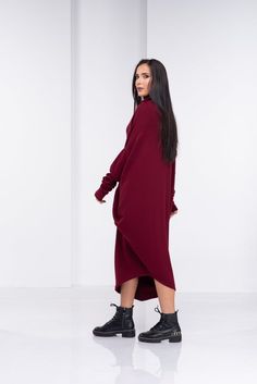 Sweater Dress, Wool Dress, Long Sleeve DressThis extravagant and designer sweater dress has two an asymmetric design, turtleneck and long sleeves. Warm and cozy a fabulous piece for the new season.The model in the picture is 168cm. ⅼ 5.6 ft. tall and is wearing size S / color: Burgundy🌟 INFO:• Worldwide EXPRESS shipping – please provide a phone number for shipping documents• US Sizing XS to 4XL – body size chart available below• We offer customization to Personal Measurements & Larger Sizes Casual Asymmetrical Midi Dress For Fall, Chic Sweater With Asymmetrical Hem For Winter, Casual Asymmetrical Dress For Fall, Chic Asymmetrical Long Sleeve Dress For Fall, Fitted Sweater With Asymmetrical Hem For Winter, Oversized Asymmetrical Dress For Fall, Oversized Asymmetrical Fall Dress, Oversized Dresses With Asymmetrical Hem For Fall, Fitted Asymmetrical Long Sleeve Dress For Fall