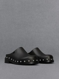 Black Leather Studded Clogs - CHARLES & KEITH US Black Leather Studded Mules, Black Studded Mules With Round Toe, Modern Black Clogs With Leather Sole, Studded Clogs, Urban Shoes, Charles Keith, Low Block Heels, Leather Clogs, Belt Size