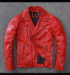 New Men Red Leather Jacket Genuine Sheepskin Coat Motorcycle Byker SPECIFICATIONS Type: Slim Thickness: STANDARD Style: Moto & Biker Sleeve Length(cm): Full Pattern Type: Solid Outerwear Type: Leather & Suede Origin: Mainland China Material: Sheepskin Lining Material: Cotton Hooded: No Gender: MEN Decoration: Zippers,Pockets Collar: Turn-down Collar Clothing Length: Short Closure Type: zipper Applicable Season: Four Seasons Applicable Scene: Trip Red Leather Outerwear For Streetwear, Red Leather Biker Jacket For Streetwear, Red Winter Biker Jacket, Designer Red Leather Outerwear, Classic Red Leather Outerwear, Designer Leather Biker Jacket For Winter, Designer Biker Jacket For Business In Winter, Red Leather Winter Outerwear, Luxury Red Leather Jacket