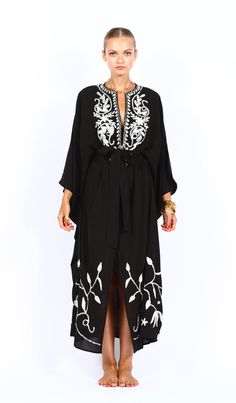 Black belted kaftan Elegant Embroidered Kaftan For Vacation, Belted Kimono For Beach, Elegant Kaftan With Floral Embroidery And Kimono Sleeves, Elegant Floral Embroidered Kaftan With Kimono Sleeves, Elegant Beach Kimono With Embroidery, Elegant Embroidered Beach Kimono, Floral Embroidered Kaftan With Kimono Sleeves For Vacation, Elegant Maxi Length Kimono For Festivals, Chic Maxi Length Kaftan For Festival