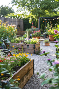 Beautiful garden setup with raised beds, diverse plants, and gravel paths, illustrating Garden Design Ideas on a Budget. Front Yard Dining Area, Lighting In Garden Ideas, Home Allotment Ideas, Raised Beds Ideas, Garden Dining Area Ideas, Greenhouse Garden Ideas, Dirt Yard Makeover On A Budget, Garden Inspo Backyards, Cheap Garden Makeover