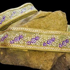 Embroidered Purple Trim with Golden Crystals & Mirrors | Etsy Purple Embroidered Border Dupatta For Wedding, Elegant Gold Dupatta With Border, Purple Embroidered Wedding Dupatta, Traditional Embellished Trims For Wedding, Gold Dupatta With Embroidered Border For Party, Gold Embellished Organza For Embroidered Fabric, Gold Embroidered Fabric For Party With Embroidered Border, Purple Organza Embroidered Fabric For Wedding, Gold Trims With Embroidered Border For Party