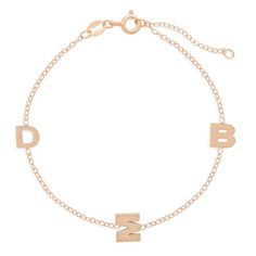 Get a simple and delicate personalized look with our Rose Gold Plated Sideways 3 Initial Bracelet.  The 1/4 inch block initials are handcrafted in rose gold plated sterling silver and offset in an asymmetrical style on a 7 inch rolo chain. Choose your children's, grandchildren's or your loved one's initials to display on your custom bracelet. This bracelet is made to order and will ship in 7-10 business days. Asymmetrical Style, Birthstone Charm Necklace, Coordinates Jewelry, Dogeared Jewelry, Heart Wedding Rings, Mens Chain Bracelet, Bar Jewelry, Custom Bracelet, Jewelry Lockets